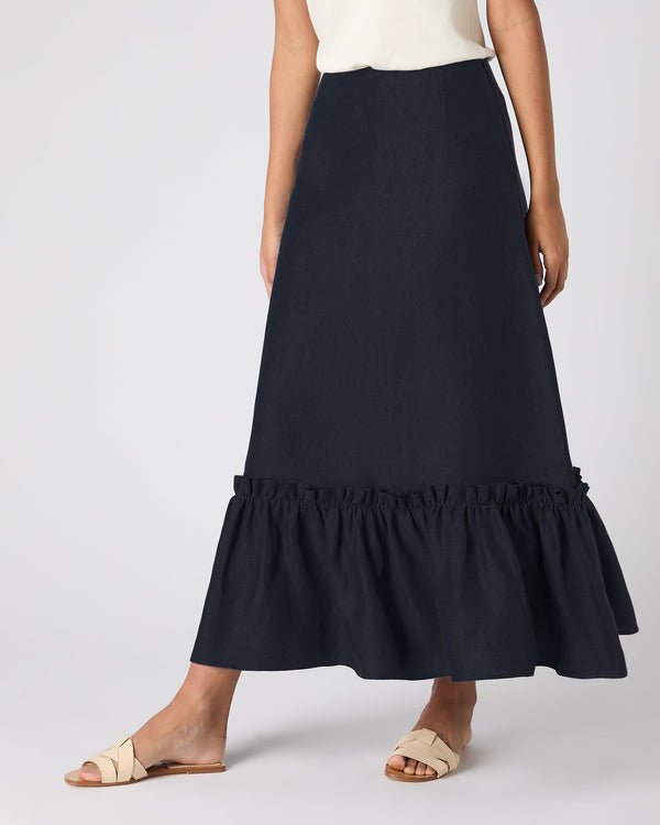 N.Peal Women's Sofia Ruffle Linen Skirt Navy Blue