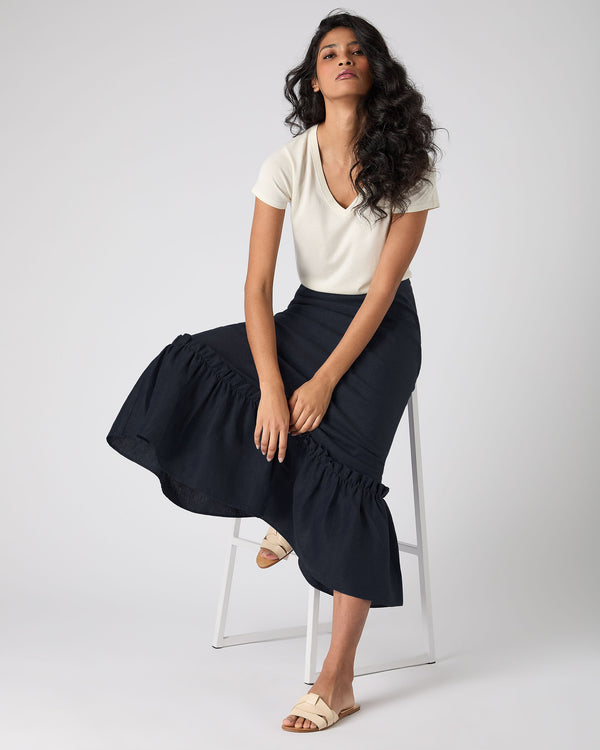 N.Peal Women's Sofia Ruffle Linen Skirt Navy Blue