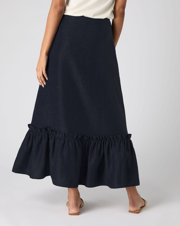 N.Peal Women's Sofia Ruffle Linen Skirt Navy Blue