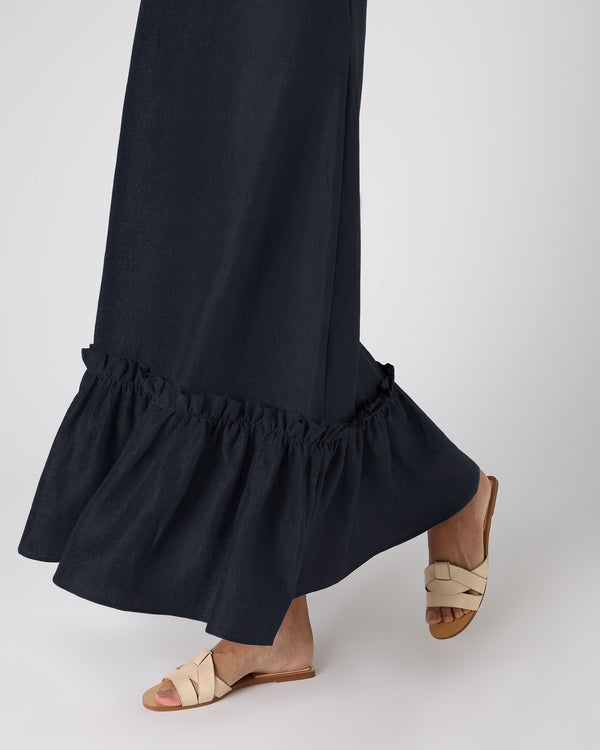 N.Peal Women's Sofia Ruffle Linen Skirt Navy Blue