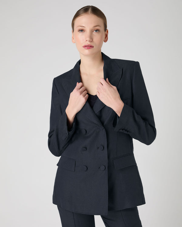 N.Peal Women's Ava Double Breasted Linen Jacket Navy Blue