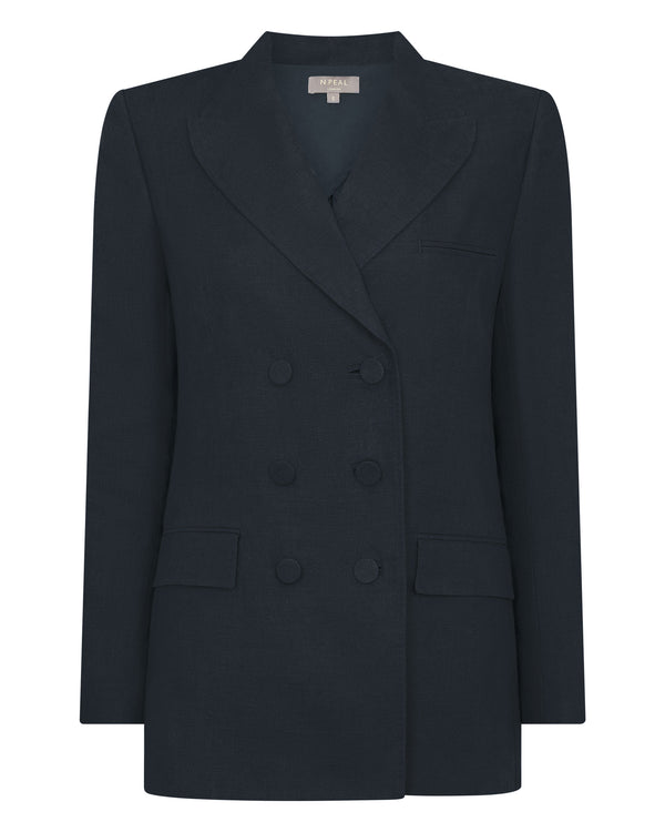 N.Peal Women's Ava Double Breasted Linen Jacket Navy Blue