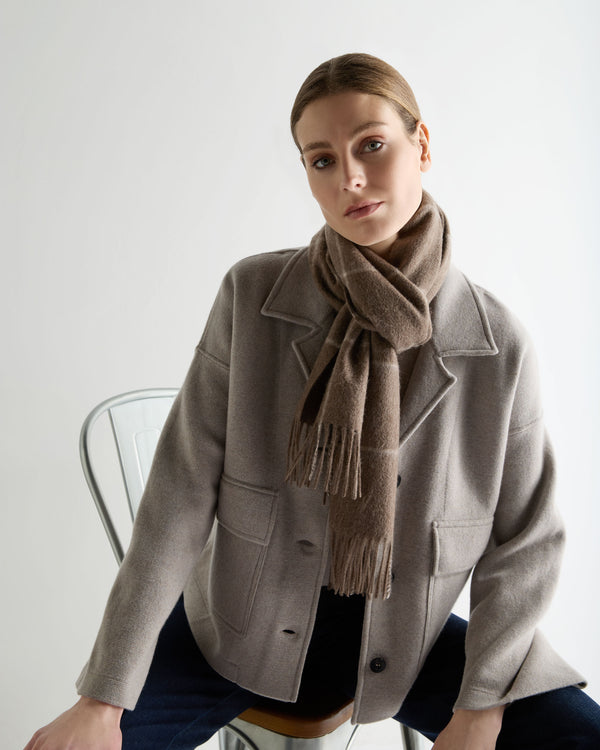 N.Peal Unisex Cashmere Check Scarf Taupe Brown + Natural Brown