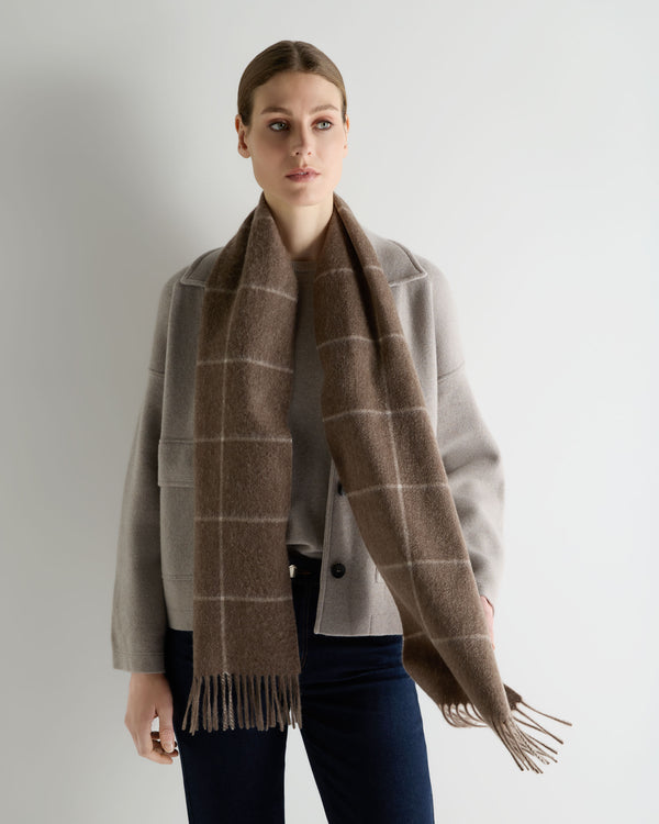 N.Peal Unisex Cashmere Check Scarf Taupe Brown + Natural Brown
