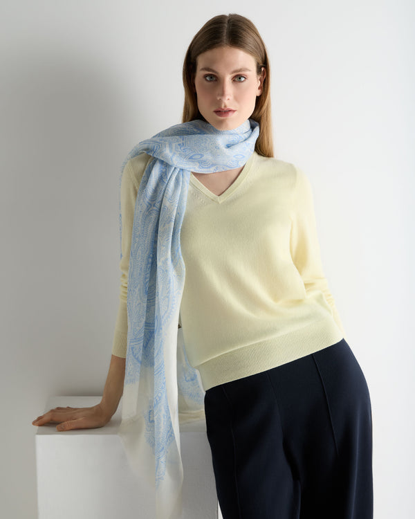 N.Peal Women's Paisley Cashmere Pashmina Sea Mist Blue