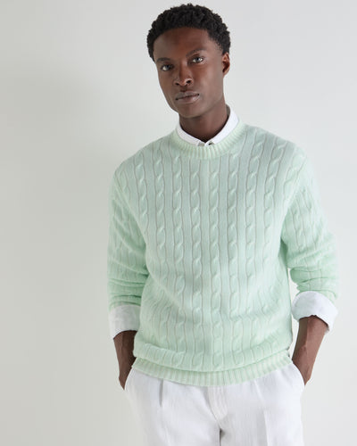 N.Peal Men's Thames Cable Round Neck Cashmere Jumper Mint Green