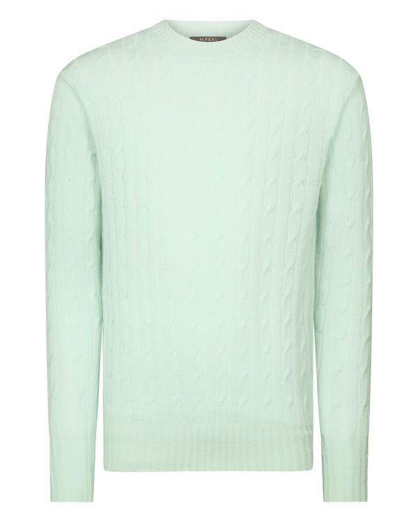 N.Peal Men's Thames Cable Round Neck Cashmere Jumper Mint Green