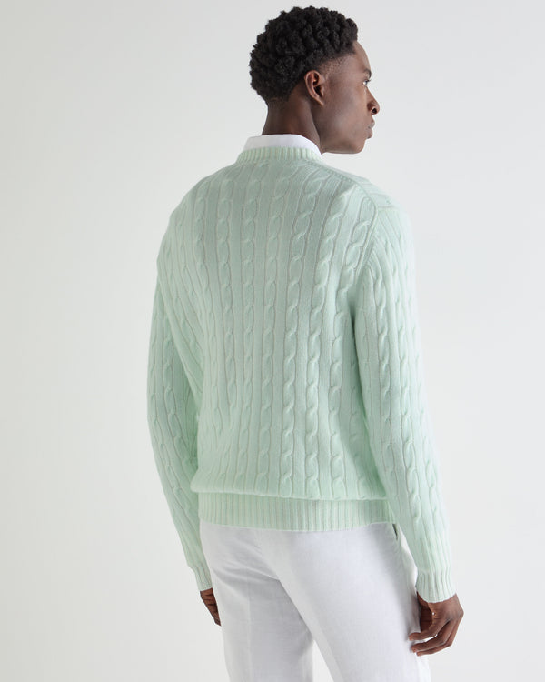 N.Peal Men's Thames Cable Round Neck Cashmere Jumper Mint Green
