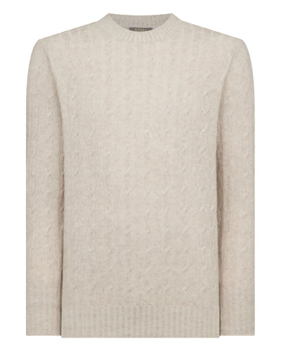 N.Peal Men's Thames Cable Round Neck Cashmere Jumper Sand Brown