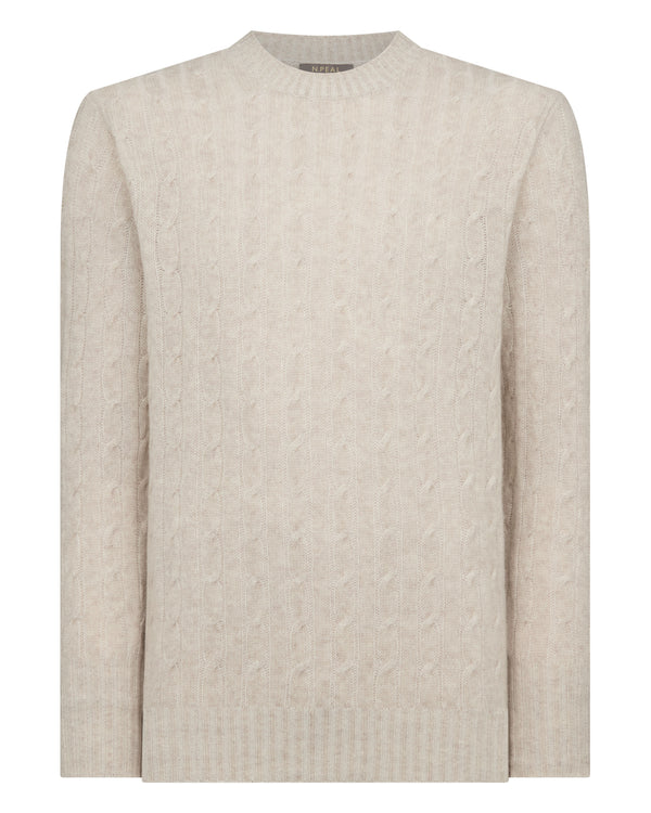N.Peal Men's Thames Cable Round Neck Cashmere Jumper Sand Brown