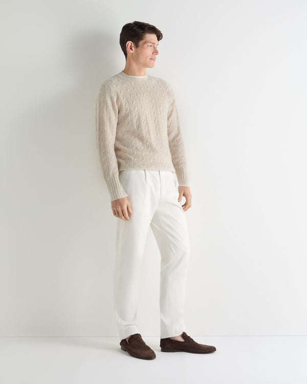 N.Peal Men's Thames Cable Round Neck Cashmere Jumper Sand Brown