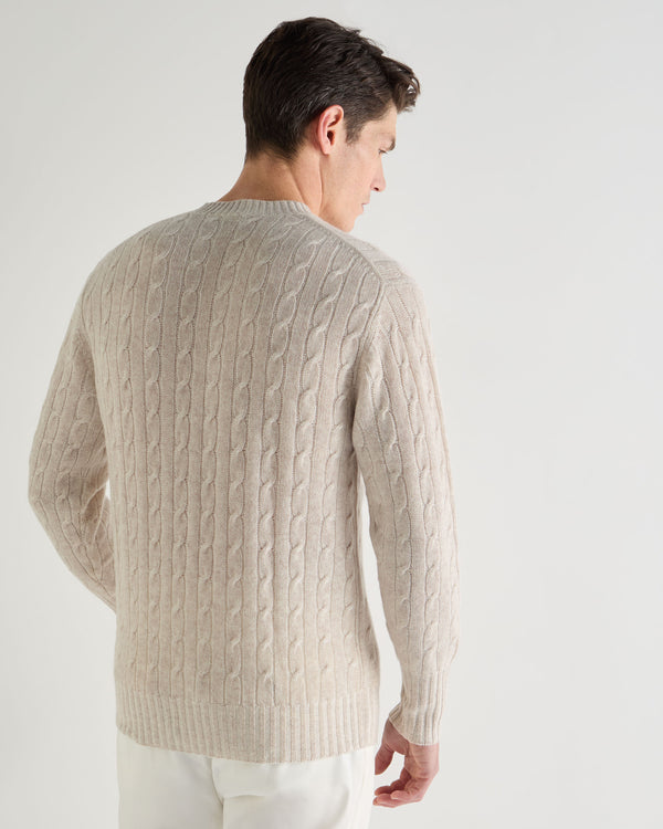 N.Peal Men's Thames Cable Round Neck Cashmere Jumper Sand Brown