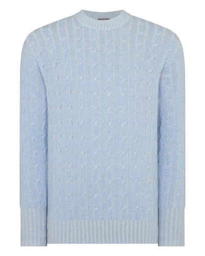 N.Peal Men's Thames Cable Round Neck Cashmere Jumper Sea Mist Blue