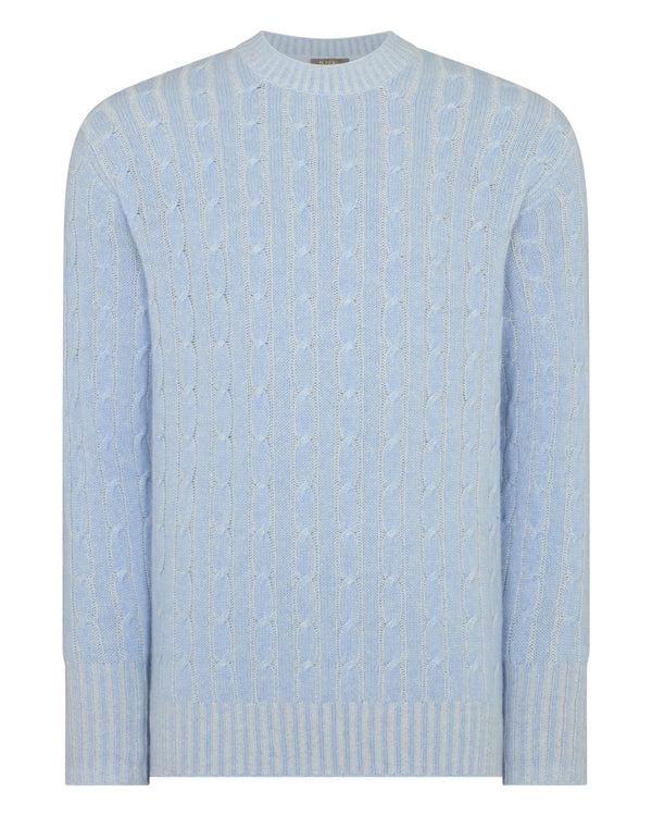 N.Peal Men's Thames Cable Round Neck Cashmere Jumper Sea Mist Blue