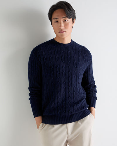 N.Peal Men's Thames Cable Round Neck Cashmere Jumper Deep French Blue