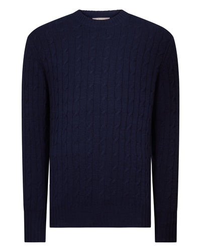 N.Peal Men's Thames Cable Round Neck Cashmere Jumper Deep French Blue