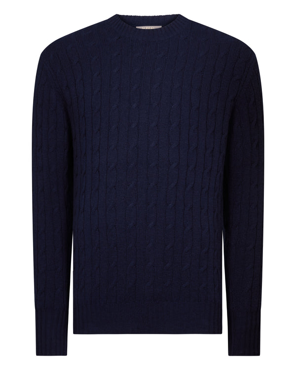 N.Peal Men's Thames Cable Round Neck Cashmere Jumper Deep French Blue
