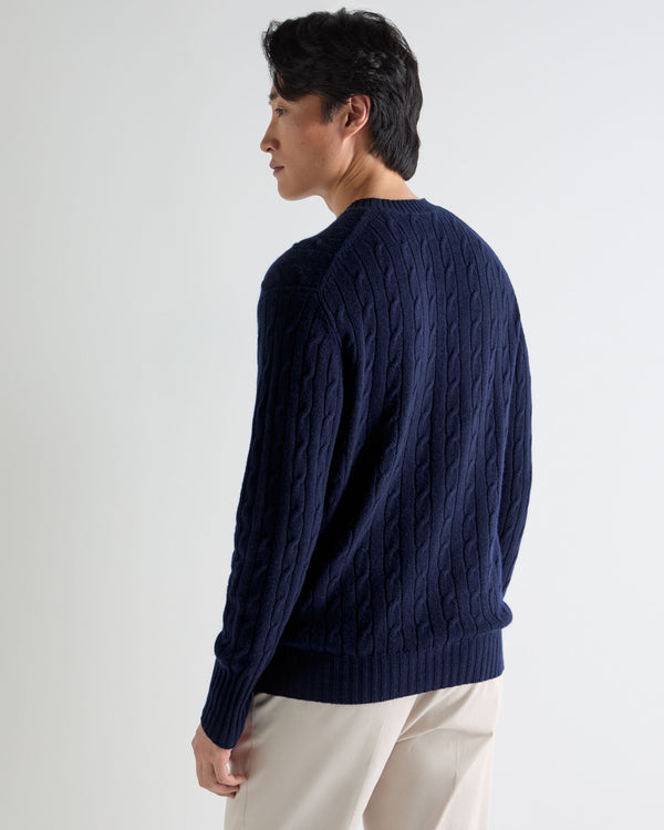 N.Peal Men's Thames Cable Round Neck Cashmere Jumper Deep French Blue