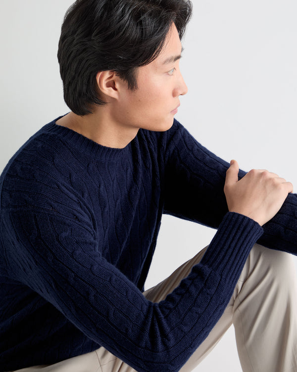 N.Peal Men's Thames Cable Round Neck Cashmere Jumper Deep French Blue