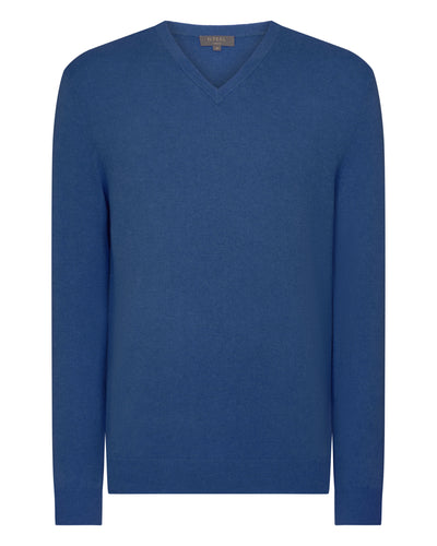 N.Peal Men's Burlington V Neck Cashmere Jumper Bright Denim Blue