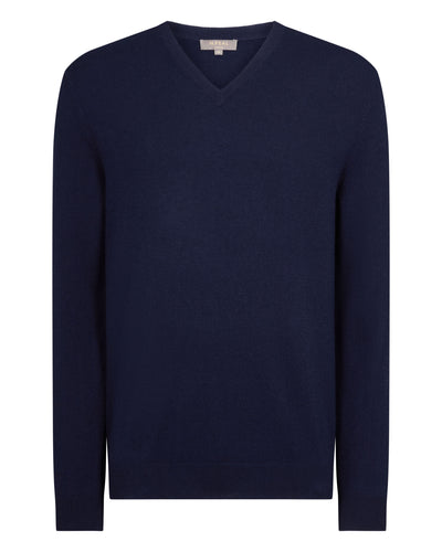 N.Peal Men's Burlington V Neck Cashmere Jumper Deep French Blue