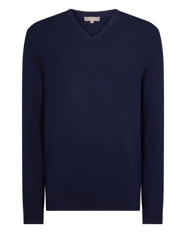 N.Peal Men's Burlington V Neck Cashmere Jumper Deep French Blue