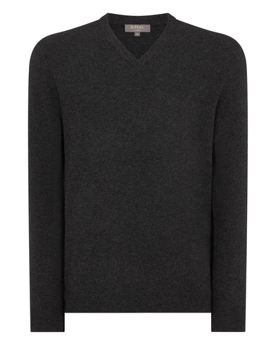 N.Peal Men's Burlington V Neck Cashmere Jumper Deep Charcoal Grey