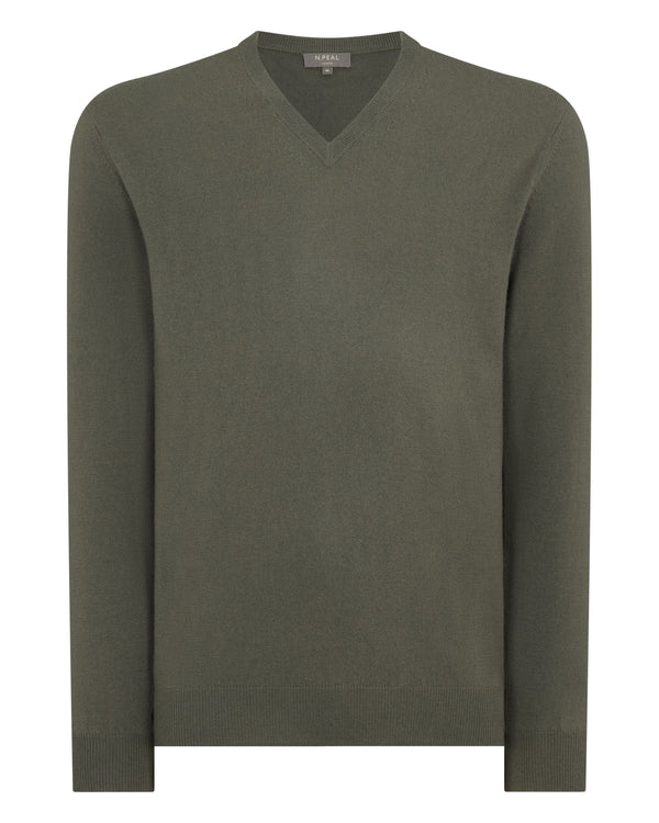 N.Peal Men's Burlington V Neck Cashmere Jumper Olive Green