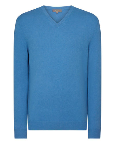 N.Peal Men's Burlington V Neck Cashmere Jumper Sunshine Blue
