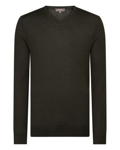 N.Peal Men's Conduit Fine Gauge Cashmere V Neck Jumper Arabica Khaki Green