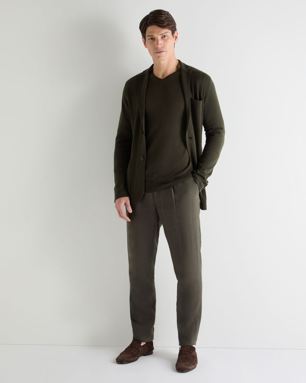 N.Peal Men's Conduit Fine Gauge Cashmere V Neck Jumper Arabica Khaki Green