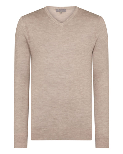 N.Peal Men's Conduit Fine Gauge Cashmere V Neck Jumper Soft Taupe Brown