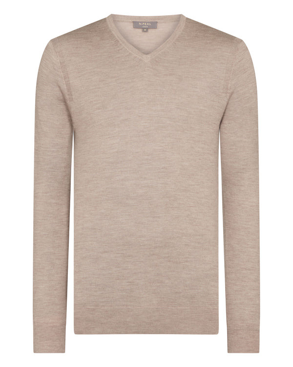 N.Peal Men's Conduit Fine Gauge Cashmere V Neck Jumper Soft Taupe Brown