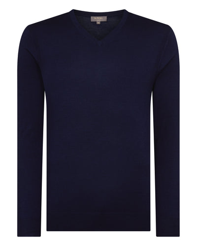 N.Peal Men's Conduit Fine Gauge Cashmere V Neck Jumper Summer Navy Blue