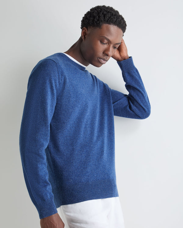 N.Peal Men's Oxford Round Neck Cashmere Jumper Bright Denim Blue