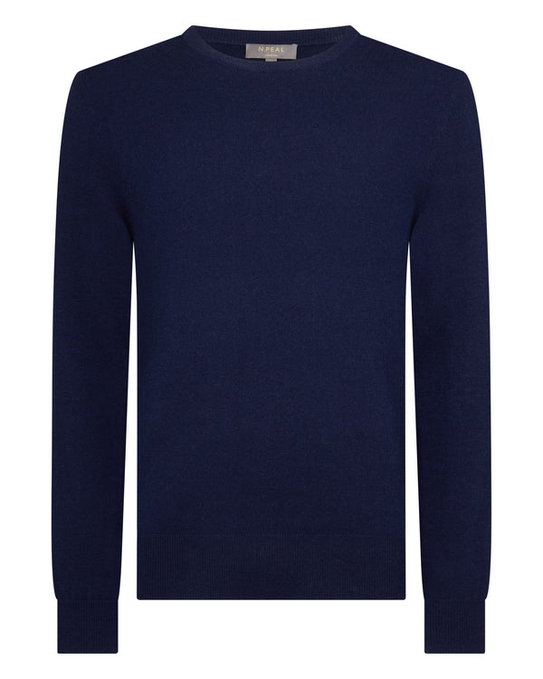 N.Peal Men's Oxford Round Neck Cashmere Jumper Deep French Blue