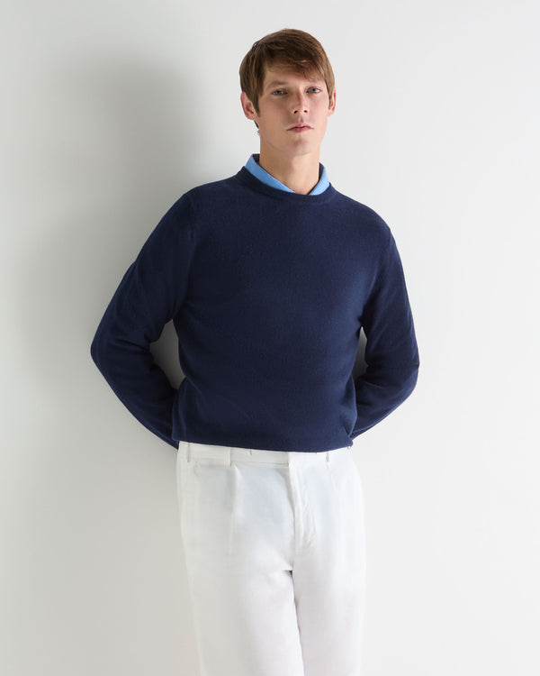 N.Peal Men's Oxford Round Neck Cashmere Jumper Deep French Blue