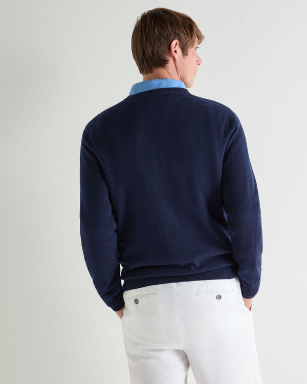 N.Peal Men's Oxford Round Neck Cashmere Jumper Deep French Blue