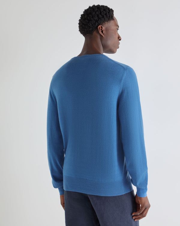 N.Peal Men's Oxford Round Neck Cashmere Jumper Sunshine Blue