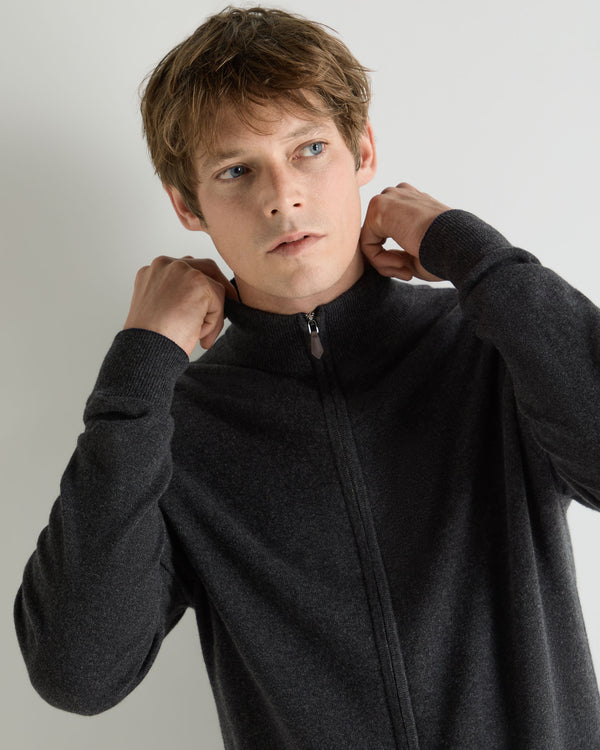 N.Peal Men's Knightsbridge Full Zip Cashmere Jumper Deep Charcoal Grey