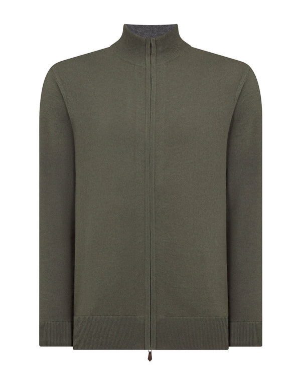 N.Peal Men's Knightsbridge Full Zip Cashmere Jumper Olive Green