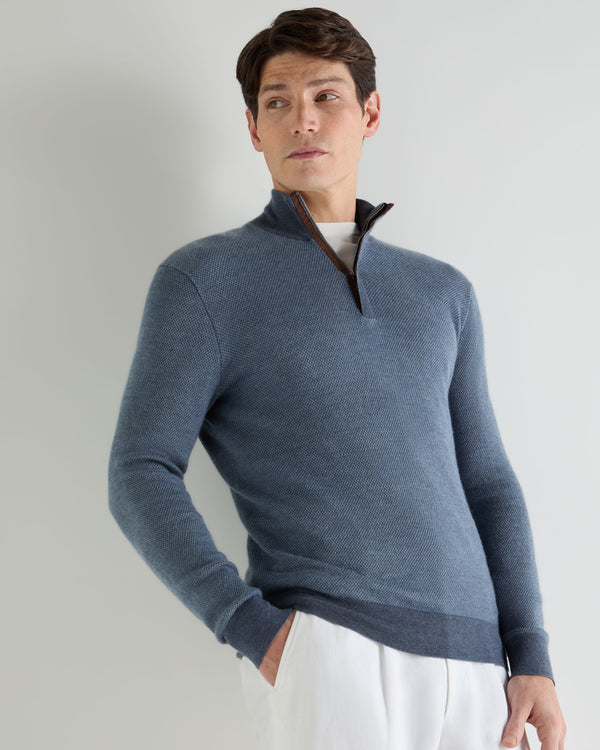 N.Peal Men's Regent Birdseye Fine Gauge Cashmere Half Zip Jumper Denim Blue Birdseye