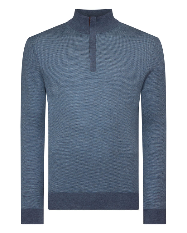 N.Peal Men's Regent Birdseye Fine Gauge Cashmere Half Zip Jumper Denim Blue Birdseye