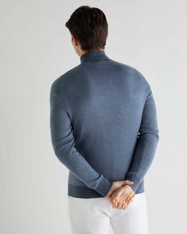 N.Peal Men's Regent Birdseye Fine Gauge Cashmere Half Zip Jumper Denim Blue Birdseye