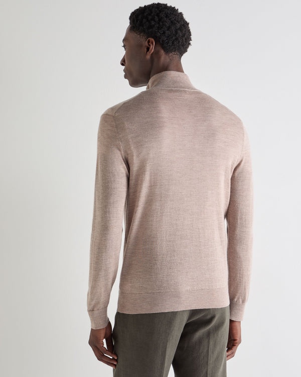 N.Peal Men's Regent Fine Gauge Cashmere Half Zip Jumper Soft Taupe Brown