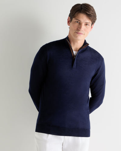 N.Peal Men's Regent Fine Gauge Cashmere Half Zip Jumper Summer Navy Blue