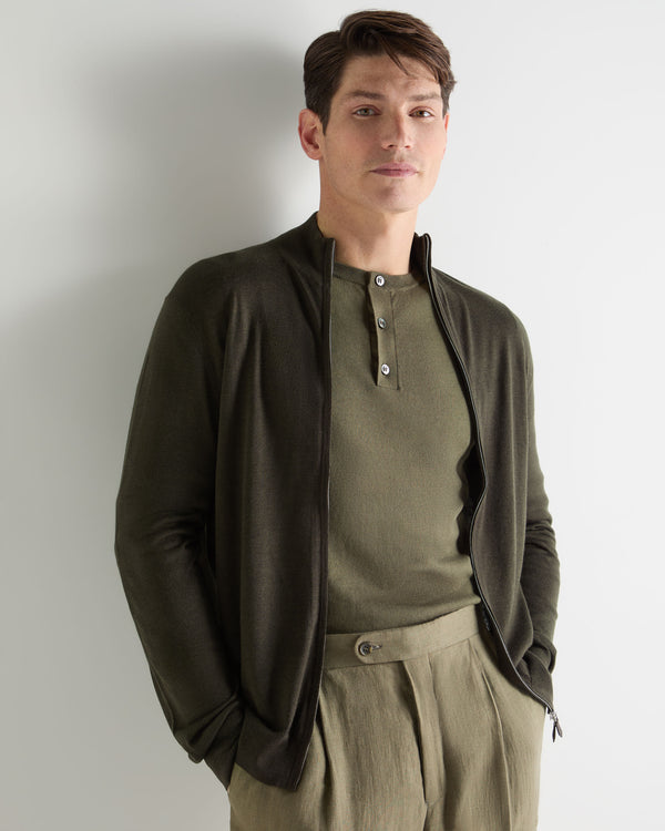 N.Peal Men's Hyde Fine Gauge Cashmere Full Zip Jumper Arabica Khaki Green