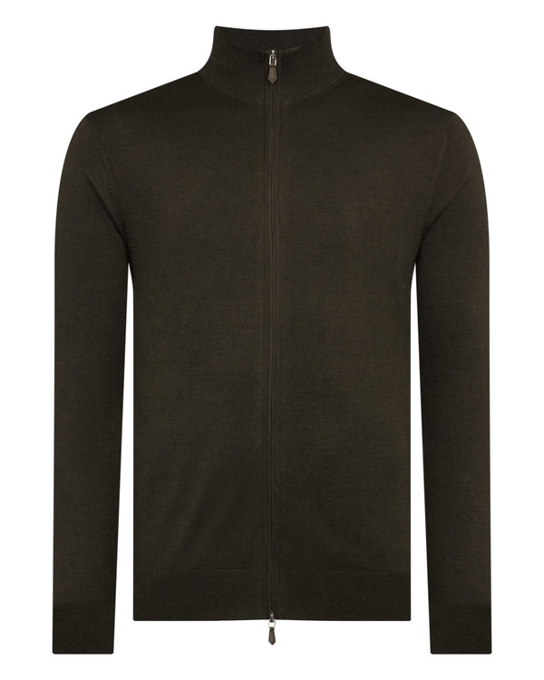 N.Peal Men's Hyde Fine Gauge Cashmere Full Zip Jumper Arabica Khaki Green
