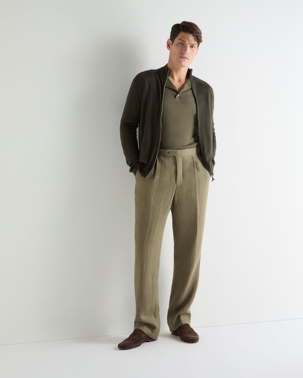 N.Peal Men's Hyde Fine Gauge Cashmere Full Zip Jumper Arabica Khaki Green