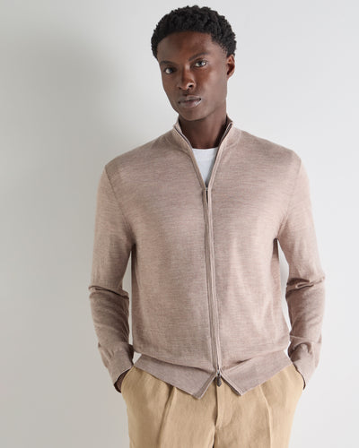 N.Peal Men's Hyde Fine Gauge Cashmere Full Zip Jumper Soft Taupe Brown